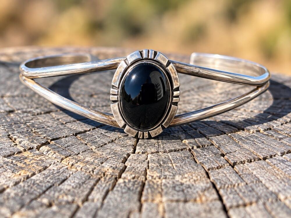 Vintage Navajo Sterling Silver Black Onyx Cuff Bracelet Native Southwest Signed